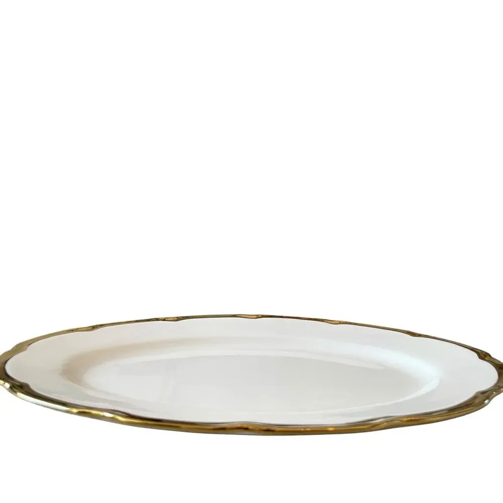 Yedi White Oval Serving Platter 14in Ceramic Gold Rim New